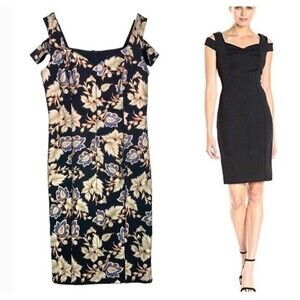 Enfocus Studio Dress Cold Shoulder Bodicon Ornate Knee Length Black Gold 10 NEW